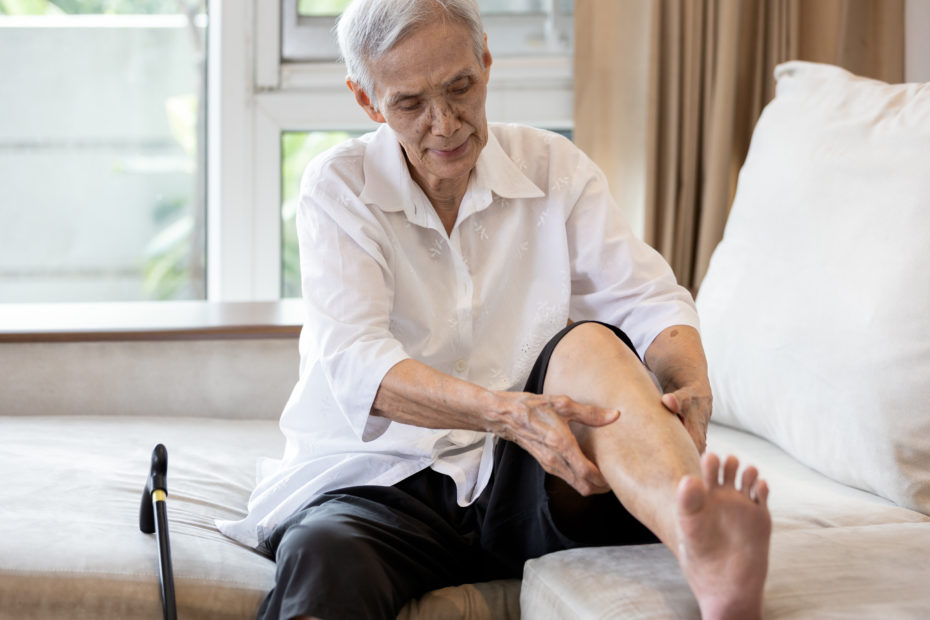 Senior Woman Holding Left Calf Pain. Post Menopause Leg Artery Disease Incidence Increases. High Cholesterol, Smoking.